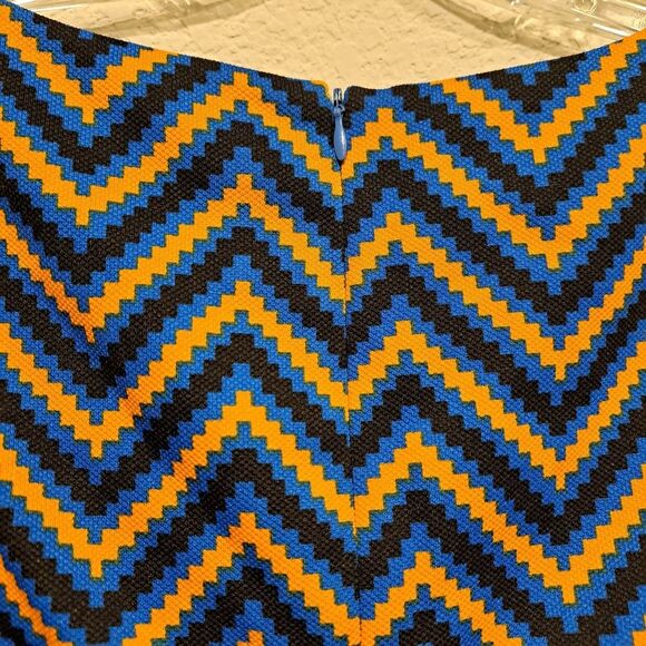 Young Threads Zig Zag Bodycon 3/4 Sleeve Dress Blue Orange Darts Women's size L - Picture 6 of 10